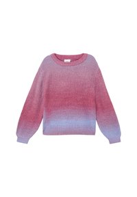 Strickpullover mit Rundhalsausschnitt, der einen Farbverlauf von Pink zu Blau zeigt. Lange Ärmel und gerippte Bündchen sowie Saum. Strukturierte Wolle.