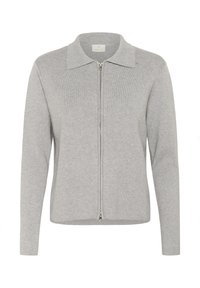 Un cardigan zippé gris avec une texture côtelée, doté d'un col plat et de longues manches. Un design simple et minimaliste avec une finition lisse.