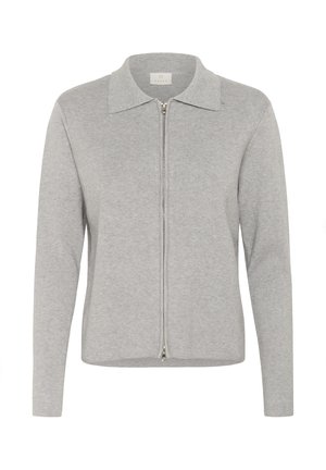 Sivi zip-up kardigan s rebrastom teksturom, s ravnim ovratnikom i dugim rukavima. Jednostavan, minimalistički dizajn s glatkim završetkom.