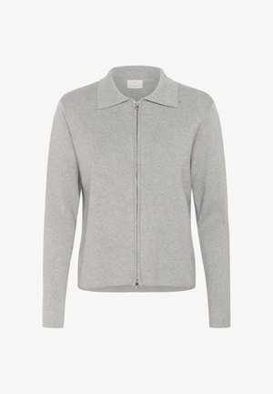 Cardigan grigio con zip, dalla texture a coste, dotato di colletto piatto e maniche lunghe. Design semplice e minimalista con una finitura liscia.