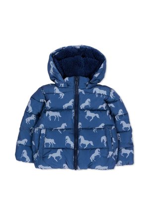 Blauwe gewatteerde jas met capuchon met patroon van lichte paardensilhouetten en zachte donkerblauwe fleece voering binnenin de capuchon.