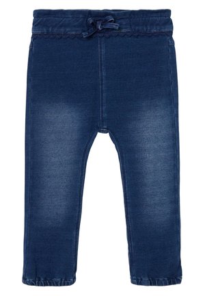 Pantalon bleu foncé pour tout-petit avec taille élastique, cordon de serrage, zones légèrement délavées aux cuisses et bas élastiqués aux chevilles.