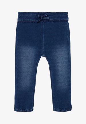 Pantalon bleu foncé pour tout-petit avec taille élastique, cordon de serrage, zones légèrement délavées aux cuisses et bas élastiqués aux chevilles.