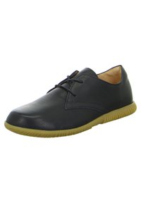 Schwarzer Lederschuh mit abgerundeter Zehenpartie und minimalistischer Schnürung. Ausstattung mit einer flexiblen, strukturierten beige Gummisohle. Sauberes Design und leichtgewichtig.
