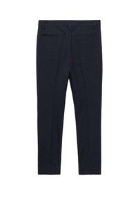 Pantalon bleu marine foncé en tissu lisse, avec une coupe droite, deux poches arrière et des détails de plis cousus sur le devant.