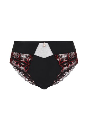 Culotte en dentelle noire avec broderie florale rouge sur les côtés, un panneau en maille à l'avant et un accent métallique au centre.