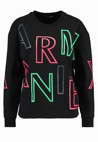 Černá mikina s velkými vícerozměrnými písmeny v růžové a zelené barvě. Má kulatý výstřih a žebrované manžety. Neformální design.