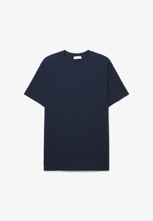 T-shirt bleu marine à manches courtes et col rond, avec un ourlet droit, présenté à plat sur un fond blanc.