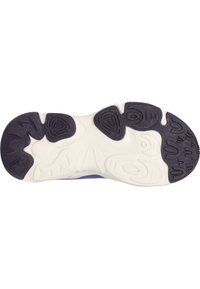 Schuhsohle mit einer weißen Basis und schwarzen sowie dunkel-lila Gummi-Traktionsmustern, die für Grip und Langlebigkeit ausgelegt sind.