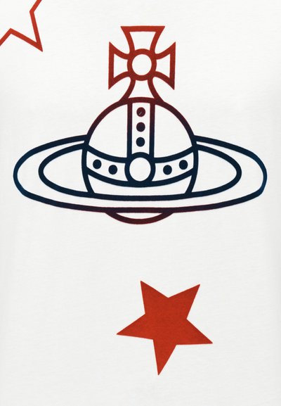 Στυλιζαρισμένη σφαίρα με σχεδιασμό σταυρού και δαχτυλιδιού σε μαύρο και κόκκινο, περιβαλλόμενη από δύο κόκκινα πεντάκτινα αστέρια σε λευκό φόντο.