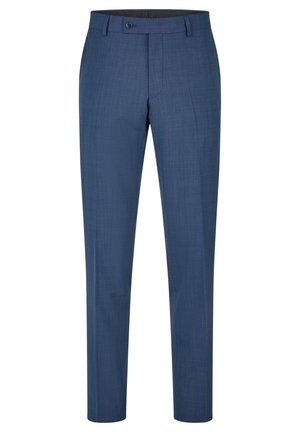 Pantalon de costume bleu sur mesure pour homme, coupe droite, fermeture par boutons et passants pour ceinture, présenté sur fond blanc.