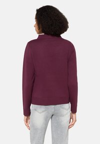 Bordowy sweter dziany z zaokrąglonym kołnierzem, z dopasowaną talią i długimi rękawami, pokazany od tyłu na jednolitym tle.