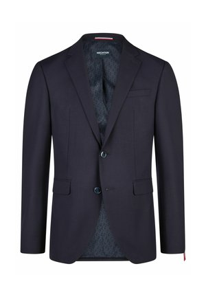 Marineblauer Herrenblazer mit zwei Knöpfen, Revers mit Kerbkragen, Pattentaschen und gemustertem Innenfutter, mit dem Etikett Hechter Paris.