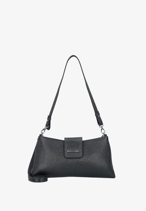 Black leather handbag with a textured finish, a structured shape, and a detachable shoulder strap. Features a front flap with logo.