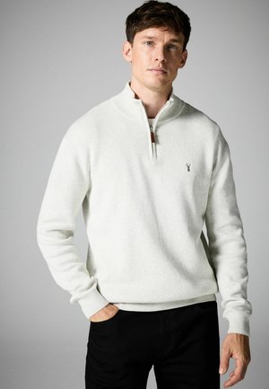 Maglione grigio chiaro con zip e colletto a coste. Presenta un piccolo logo sul petto. Indossato con pantaloni neri.