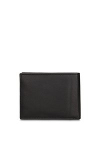 Zwarte leren portemonnee met een gestructureerde afwerking, rechthoekige vorm en gestikte randen. Heeft een eenvoudig ontwerp zonder zichtbare hardware.