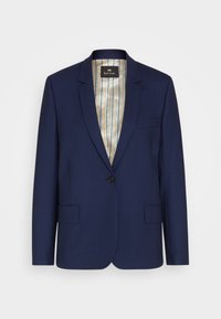 Marinblå kavaj i slät tyg med en svart knapp, spetsiga slag och ett randigt foder i krämfärgade och blå toner.