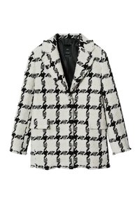 Blazer texturizado en patrón de tweed en blanco y negro, con solapa en pico, dos bolsillos frontales y un diseño de frente abierto.