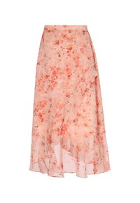 Blumige Midikleid aus sanftem Pink, mit rüschengesäumtem Saum, leichtem Stoff und zartem Blumenmuster in Pfirsich- und Koralltönen.