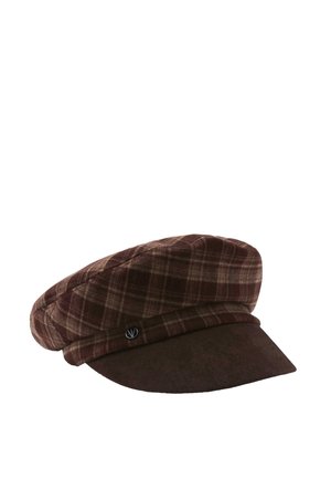 Brown plaid flat cap with a stiff dark brown visor and a small round metal logo on the side.