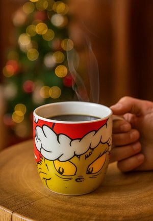 Tazza in ceramica con un personaggio dei cartoni animati, design rosso e bianco, che tiene in mano un caffè caldo. Superficie in legno sullo sfondo, con luci bokeh morbide.