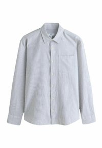 Gaiši zils un balts svītrains krekls ar pogām, ar apkakli, garām piedurknēm un krūšu kabatu. Izgatavots no teksturētas auduma.