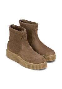 Bruine suède enkellaarsjes met een gestructureerde rubberen zool, elastische zijpanelen en een gladde afwerking. Verhoogd, chunky silhouet.