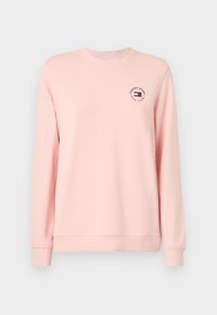 Felpa rosa chiaro con maniche lunghe, polsini e orlo a coste, scollatura rotonda e piccolo logo circolare con testo e bandiera sul petto.