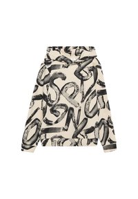 Felpa con cappuccio color crema con motivi astratti neri. Presenta una tasca a marsupio e polsini a coste. Realizzata in un tessuto morbido ed elasticizzato.