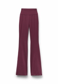 Flared pants in deep burgundy, made of smooth, stretchy fabric. Features a wide, waistband and a clean hem at the ankles.