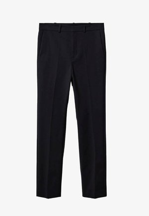 Pantalon formel noir avec passants de ceinture, poches latérales et coupe droite et slim.