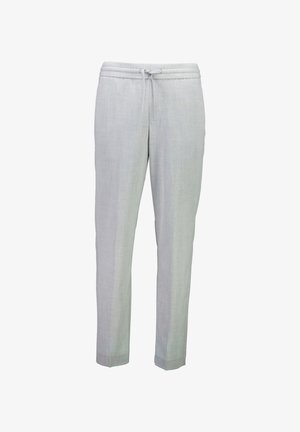 Hellgraue, leichte Hose mit elastischem Bund, geradem Schnitt und glatter Textur. Subtile gewebte Struktur entlang des Stoffes.