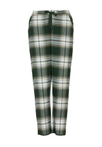 Pantaloni verdi a quadretti con cintura regolabile, realizzati in tessuto morbido con accenti bianchi, grigi e gialli in un motivo a scacchi.