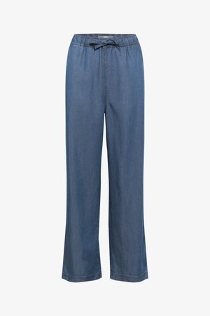 Weite Jeanshose in einem mittleren Blauton, ausgestattet mit einem elastischen Taillenbund und einer verstellbaren Kordel, sowie einem geraden Schnitt für eine lockere Passform.