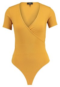 Senapsgul ribbad bodysuit med v-ringning, korta ärmar och tanga-kant. Har en omslagsdesign fram. Slät textur.