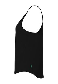 Zwarte mouwloze tanktop van soepel materiaal met een losse pasvorm, voorzien van een ronde halslijn en een zijlabel voor detail.