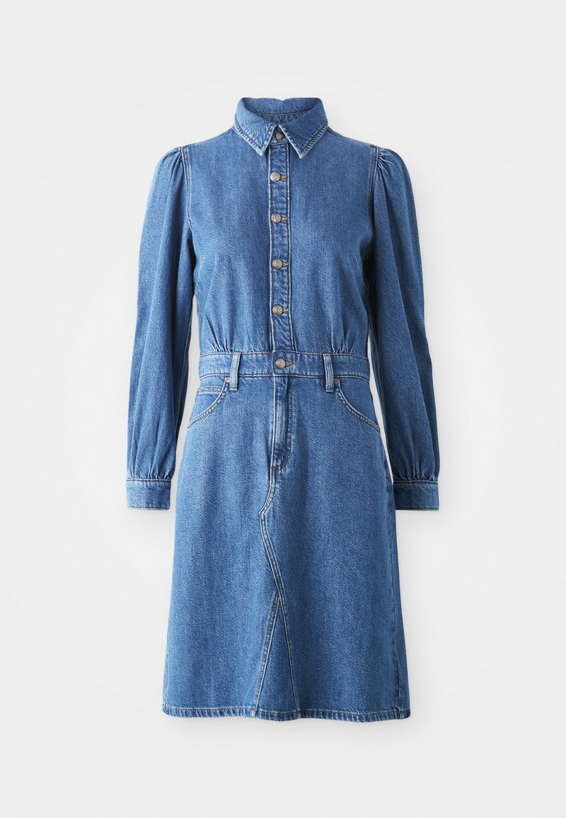 Denim jurk met een knoopsluiting aan de voorkant, kraag en lange pofmouwen. Kenmerken zijn een aansluitende taille, twee zijzakken en een uitlopende rok.