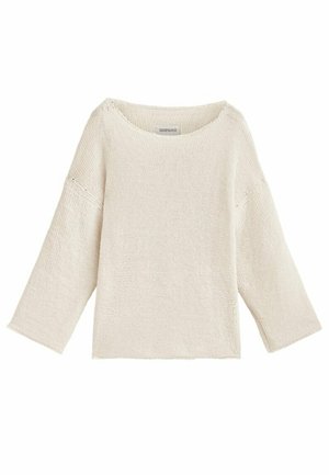Pull ample crème en tricot avec encolure large et manches longues légèrement évasées, présenté sur un fond blanc.