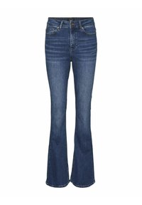 Vidgad blå denimjeans med hög midja, med femficksdesign, distinkta sömmar och en jämn textur.