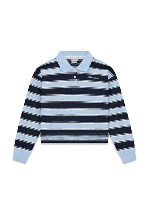 Langärmliges Poloshirt mit horizontalen Streifen in Hellblau, Marineblau und Weiß sowie einem kleinen, auf der Brust gestickten "Guess Jeans"-Logo.