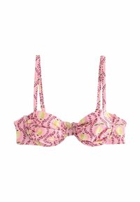 Top bikini rosa con motivi a fantasia e dettagli arricciati, caratterizzato da una stampa di frutti con limoni gialli e foglie verdi su uno sfondo rosa chiaro.