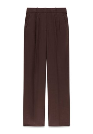 Pantalon marron taille haute avec passants de ceinture, plis sur le devant, poches latérales et jambes larges droites, posé à plat sur un fond blanc.