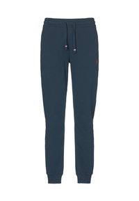 Pantaloni della tuta blu navy realizzati in misto cotone, con elastico in vita e cordoncino, e polsini a coste. Dettaglio del logo piccolo sulla gamba.