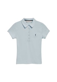 Polo shirt bleu clair à manches courtes avec un col classique, six boutons et un logo d'un golfeur en bleu foncé sur la poitrine gauche.