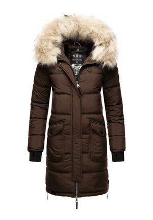 Manteau d'hiver matelassé marron avec une grande capuche bordée de fourrure, fermeture éclair à l'avant, poches à boutons et manches à revers.