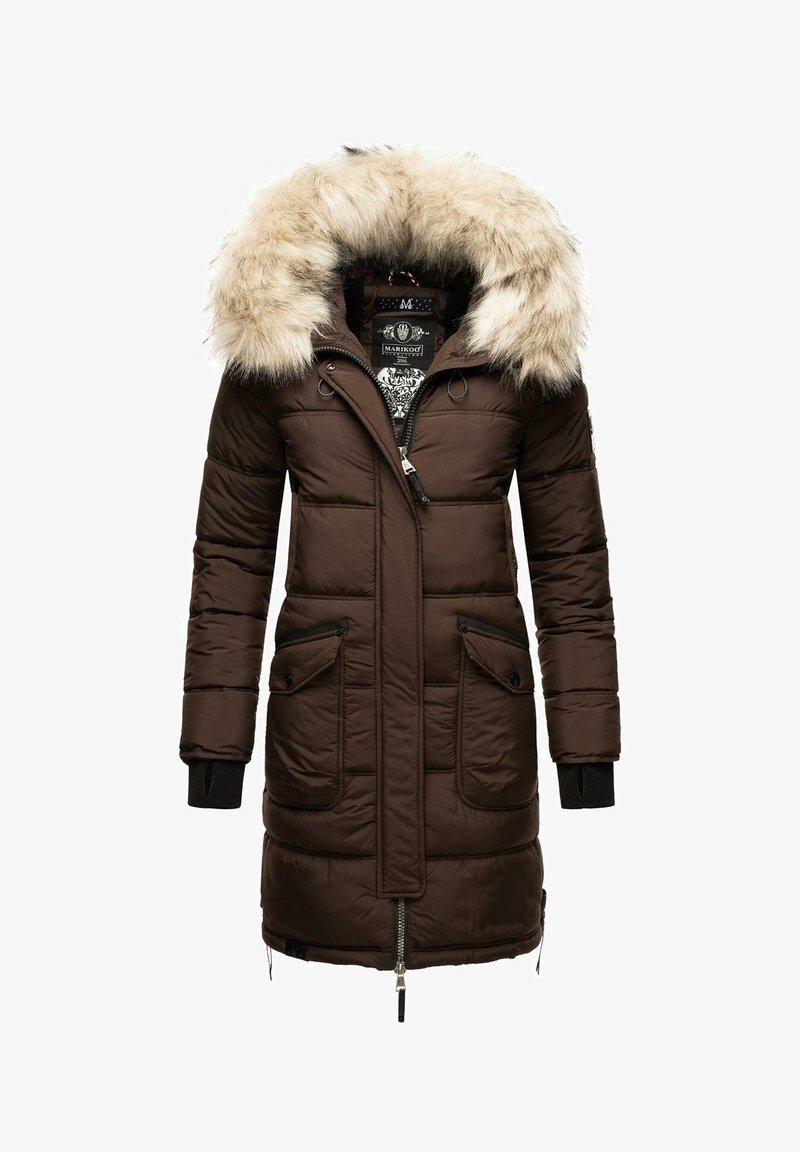 Manteau d'hiver matelassé marron avec une grande capuche bordée de fourrure, fermeture éclair à l'avant, poches à boutons et manches à revers.