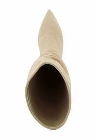Beige pointed-toe boot, made of soft suede. Features a snug shaft with gathered texture, smooth interior, and streamlined silhouette.