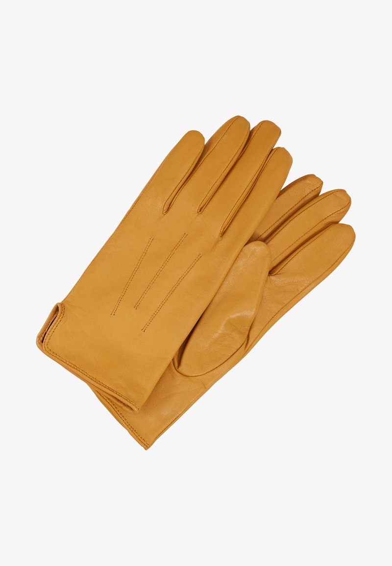 Guanti in pelle marrone chiaro con cinque dita, caratterizzati da dettagli di cucitura sul dorso, una texture liscia e una vestibilità aderente al polso.