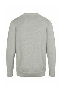 Svetlosivý pletený sveter s dlhými rukávmi, rebrovanými manžetami a lemom, zobrazený zozadu na bielom pozadí.