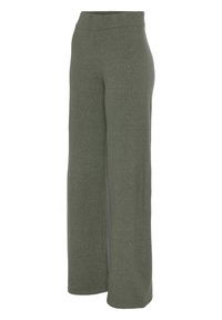 Weit geschnittene Hosen aus weichem, strukturiertem Stoff in Olivgrün. Mit einem gerippten Taillenbund und einer geschmeidigen, fließenden Silhouette.